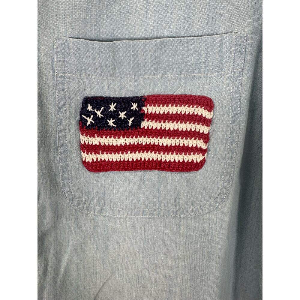 Vintage 90s Casey & Max Chambray Button Down Crochet Flag Patch America Size M - Picture 4 of 8